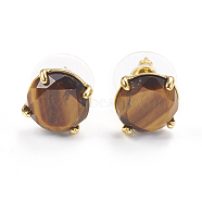Natural Tiger Eye Stud Earrings, with Golden Tone Brass Findings, Faceted Flat Round, 11mm, Pin: 0.8mm(EJEW-L196-05E)