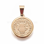 304 Stainless Steel Pendants, Flat Round with Saint Benedict, Golden, 20x17.5x2mm, Hole: 7x4mm(X-STAS-L222-01G)