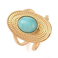 Oval Natural Amazonite Finger Rings, Ion Plating(IP) 304 Stainless Steel Cuff Rings for Women, Soldered, Real 14K Gold Plated, 24mm, Gemstone: 11.5x9.5mm, Adjustable(RJEW-Z057-14G-04)