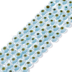 Handmade Evil Eye Lampwork Flat Round Bead Strands, Light Blue, 8x3.2mm, Hole: 1mm, about 49pcs/strand, 14.56 inch(LAMP-L058-8mm-18)