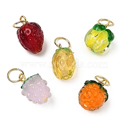5Pcs Fruit Transparent Glass & Handmade Lampwork Pendants, with 304 Stainless Steel Jump Rings, Mixed Shapes, Mixed Color, 23mm(PALLOY-YW00143)