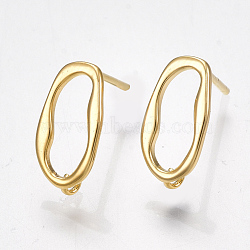 Brass Stud Earring Findings, with Loop, Oval, Nickel Free, Real 18K Gold Plated, 12x6mm, Hole: 1mm, Pin: 0.7mm(KK-S350-010G)