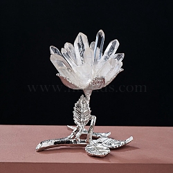 Raw Natural Quartz Crystal Display Decorations, Flower Platinum Tone Metal Base Statues for Home Office Decorations, 90~100x70~80mm(PW-WG58011-02)