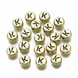 Plating Acrylic Beads, Horizontal Hole, Flat Round with Letter, Golden Plated, Black, Letter.K, 7x4mm, Hole: 1.2mm.(X-PACR-CD0001-K)