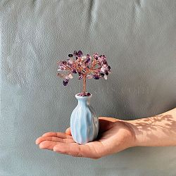Natural Amethyst Chips Tree Decorations, Ceramic Vases Base Copper Wire Feng Shui Energy Stone Gift for Home Desktop Decoration, 58~63x48x165~170mm(DJEW-P017-A03)