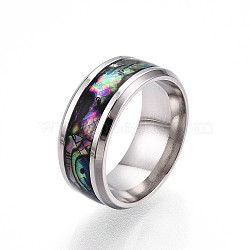 201 Stainless Steel Wide Band Finger Rings, with Shell, Stainless Steel Color, US Size 6(16.5mm)(RJEW-T005-6-07)