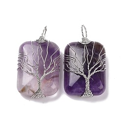 Natural Amethyst Copper Wire Wrapped Pendants, Rectangle with Tree of Life Charms, Platinum, 46~49x25~27x10~12mm, Hole: 8x9mm(G-H281-08P-09)
