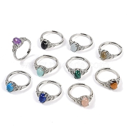 Oval Natural Mixed Stone Adjustable Rings, Platinum Tone Brass Ring for Women, Long-Lasting Plated, Lead Free & Cadmium Free, Inner Diameter: 17mm(RJEW-Q819-01P)