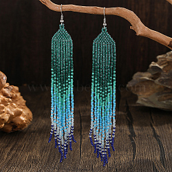 Bohemian Style Tassel Dangle Earrings, with Geometric Glass Beads Handmade, Platinum, Blue, 140x20mm(SH4455)