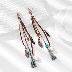 Alloy & Synthetic Turquoise & Natural Shell Tassel Dangle Stud Earrings, Triangle with Leaf, Red Copper, 165mm(FS-WGE89CC-01)