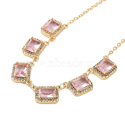 Rack Plating Brass Micro Pave Cubic Zirconia Necklaces, with Square Glass, Cadmium Free & Lead Free, Pink, 15.55~15.75 inch(395~400mm)(NJEW-M215-02G-03)