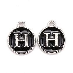 Platinum Plated Alloy Charms, Cadmium Free & Lead Free, with Enamel, Enamelled Sequins, Flat Round with Letter, Letter.H, 14x12x2mm, Hole: 1.5mm(ENAM-S118-02H-P)