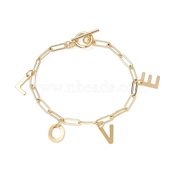 Word Love 304 Stainless Steel Charm Bracelets, with Paperclip Chains, Real 18K Gold Plated, 7-1/2 inch(19cm)(BJEW-JB09842)