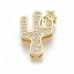 Brass Micro Pave Cubic Zirconia Slide Charms, Cactus, Clear, Real 18K Gold Plated, 18.5x13.5x4.5mm, Hole: 12.5x1.5mm(X-ZIRC-S058-105)