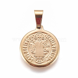 304 Stainless Steel Pendants, Flat Round with Saint Benedict, Golden, 20x17.5x2mm, Hole: 7x4mm(X-STAS-L222-01G)