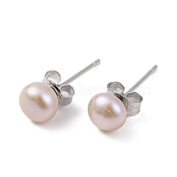 Natural Pearl Round Bead Stud Earrings, with Real Platinum Plated 925 Sterling Silver Findings, Thistle, 15x5~6mm(EJEW-E298-01B-03P)
