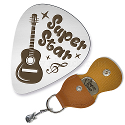 201 Stainless Steel Guitar Picks, with Sandy Brown PU Leather Guitar Picks Holder, Plectrum Guitar Accessories, Guitar, Picks: 35x28mm, Holder: 110x52mm(AJEW-WH0467-016)