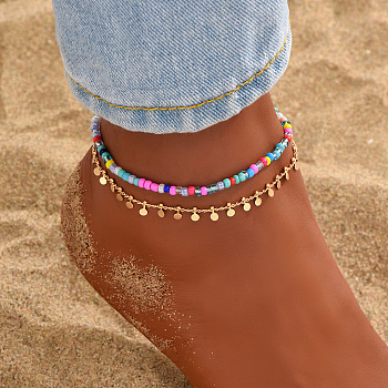 Bohemian Glass Seed Beaded Double Layer Stretch Anklets, Alloy Disc Tassel Anklets, Golden, Colorful, Inner Diameter: 2-1/2 inch(65mm)