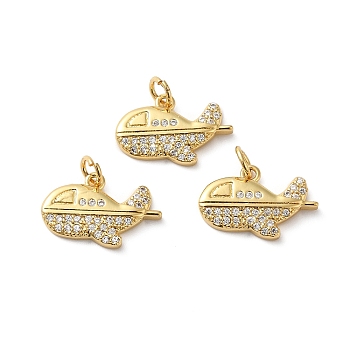 Rack Plating Brass Pave Cubic Zirconia Pendants, with Jump Ring, Lead Free & Cadmium Free, Real 18K Gold Plated, Long-Lasting Plated, Airplane Charm, Clear, 12x18x2.5mm, Hole: 3.4mm