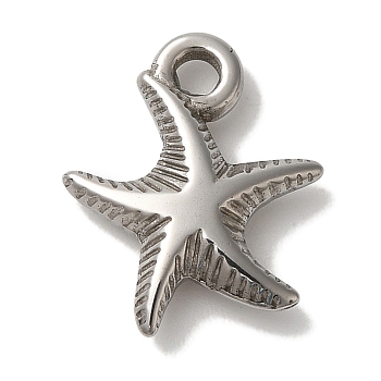 Non-Tarnish 304 Stainless Steel Pendants, Starfish Charm, Stainless Steel Color, 15.5x13.5x3.5mm, Hole: 2mm