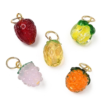 5Pcs Fruit Transparent Glass & Handmade Lampwork Pendants, with 304 Stainless Steel Jump Rings, Mixed Shapes, Mixed Color, 23mm