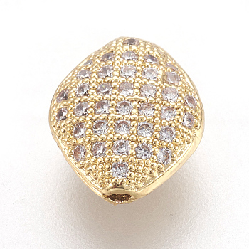 Brass Micro Pave Cubic Zirconia Beads, Rhombus, Clear, Golden, 10x8x4mm, Hole: 0.8mm