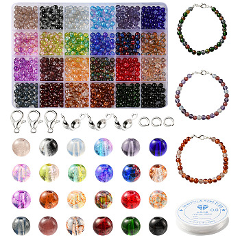 DIY Stretch Bracelet Necklace Making Kit, Including Glass Round Beads, Elastic Thread, Alloy Clasps, Mixed Color, 810Pcs/set