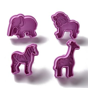 Animal Themed PET Plastic Cookie Cutters, with Iron Press Handle, Elephant, Lion, Giraffe & Horse, Old Rose, 47~65x45~56x18mm, 4pcs/set