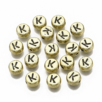 Plating Acrylic Beads, Horizontal Hole, Flat Round with Letter, Golden Plated, Black, Letter.K, 7x4mm, Hole: 1.2mm.
