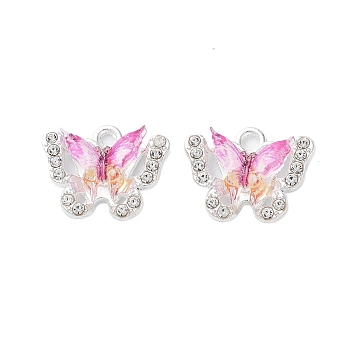 Rack Plating Alloy Pendants, with Rhinestone and Resin, Butterfly, Magenta, 14x17x5mm, Hole: 2mm