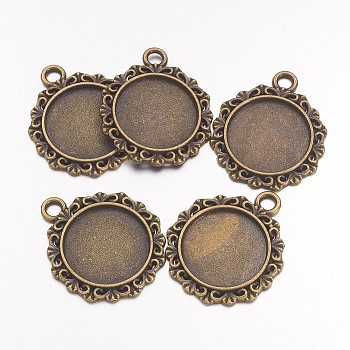 Vintage Tibetan Style Alloy Pendant Cabochon Bezel Settings, Cadmium Free & Nickel Free & Lead Free, Antique Bronze, Flat Round Tray: 18mm, 30x25x2mm, Hole: 3mm