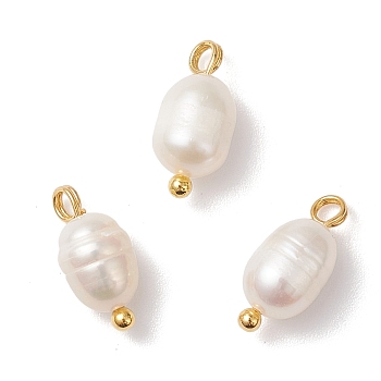 Natural Cultured Freshwater Pearl Rice Charms, with Brass Loops, Creamy White, Golden, 12.5~14.5x5.5mm, Hole: 2mm