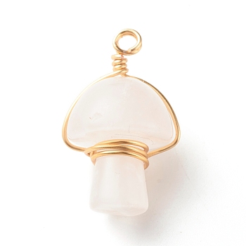 Natural Rose Quartz Pendants, with Real 18K Gold Plated Eco-Friendly Copper Wire Wrapped, Mushroom, 28~32x16~17x16~17mm, Hole: 3mm