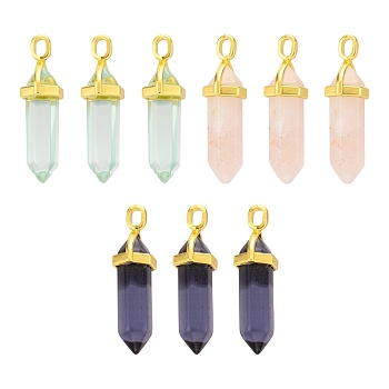 3Pcs 3 Colors Glass Pointed Pendants, with Alloy Finding, Golden, Bullet, Mixed Color, 37~40x12.5x10mm, Hole: 3x4.5mm, 1pcs/color