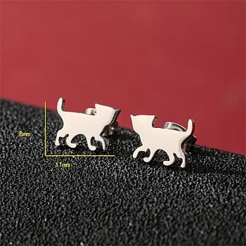 Non-Tarnish Stainless Steel Stud Earrings, Cat Shape, Stainless Steel Color, 8x11mm