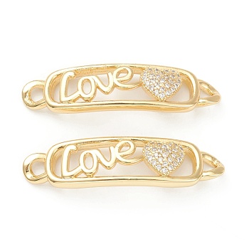 Brass Micro Pave Clear Cubic Zirconia Links Connectors, Long-Lasting Plated, for Valentine's Day, Rectangle with Heart & LOVE , Real 18K Gold Plated, 10x37.5x4mm, Hole: 2.5mm
