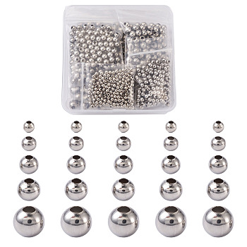 Pet Round 304 Stainless Steel Beads, for Jewelry Craft Making, Stainless Steel Color, 3~8x3~7.5mm, Hole: 1~3mm, 1000pcs/box