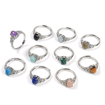 Oval Natural Mixed Stone Adjustable Rings, Platinum Tone Brass Ring for Women, Long-Lasting Plated, Lead Free & Cadmium Free, Inner Diameter: 17mm