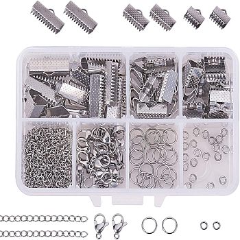 DIY End Chains Making, with 304 Stainless Steel Ribbon Ends, End Chains, Jump Ring, Lobster Claw Clasps, Stainless Steel Color, 110x70x30mm