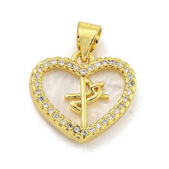 Rack Plating Brass Micro Pave Cubic Zirconia Pendants, with Natural Shell, Cadmium Free & Lead Free, Long-Lasting Plated, Real 18K Gold Plated, Heart, 14x15.5x3.5mm, Hole: 3.5x5mm