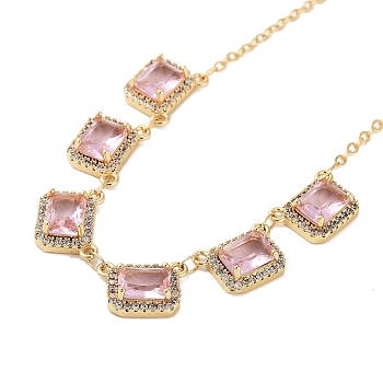 Rack Plating Brass Micro Pave Cubic Zirconia Necklaces, with Square Glass, Cadmium Free & Lead Free, Pink, 15.55~15.75 inch(395~400mm)