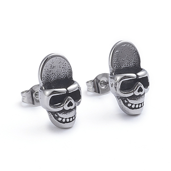 Retro 304 Stainless Steel Stud Earrings, with Ear Nuts, Skull, Antique Silver, 15.5x9mm, Pin: 0.7mm