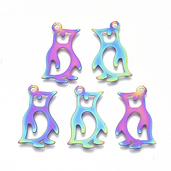 Ion Plating(IP) 201 Stainless Steel Pendants, Etched Metal Embellishments, Penguin, Rainbow Color, 25x15x0.3mm, Hole: 1.8mm