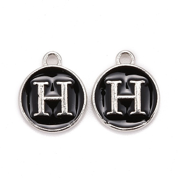 Platinum Plated Alloy Charms, Cadmium Free & Lead Free, with Enamel, Enamelled Sequins, Flat Round with Letter, Letter.H, 14x12x2mm, Hole: 1.5mm