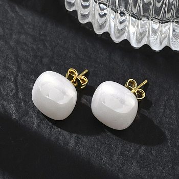 Brass & ABS Plastic Imitation Pearl Stud Earrings for Women, Square, Long-Lasting Plated, Rack Plating, Lead Free & Cadmium Free, Golden, White, 12x12mm