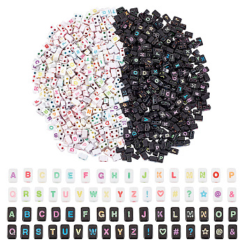 AHADEMAKER 1000Pcs 2 Colors Opaque Black Acrylic Multi-Strand Links, Trapezoid with Random Mixed Letter, Mixed Color, 8x5x4mm, Hole: 1.6mm, 500pcs/color
