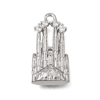 Brass Micro Pave Clear Cubic Zirconia Pendants, Barcelona Cathedral Charms, Long-Lasting Plated, Platinum, 18x9x4mm, Hole: 1.4mm