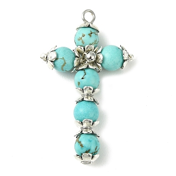 Synthetic Turquoise Copper Wire Wrapped Pendants, Cross Charms, Platinum, Dyed, 39x23~24x7mm, Hole: 1.8~2mm