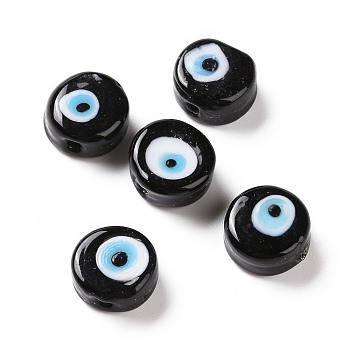 Handmade Evil Eye Lampwork Beads, Flat Round, Black, 11.5~12x5.5mm, Hole: 1~1.2mm