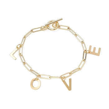 Word Love 304 Stainless Steel Charm Bracelets, with Paperclip Chains, Real 18K Gold Plated, 7-1/2 inch(19cm)